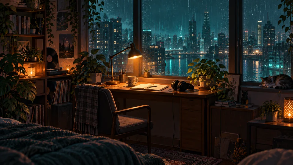 Example lo-fi artwork: a warm desk lamp and plants beside a rainy city window